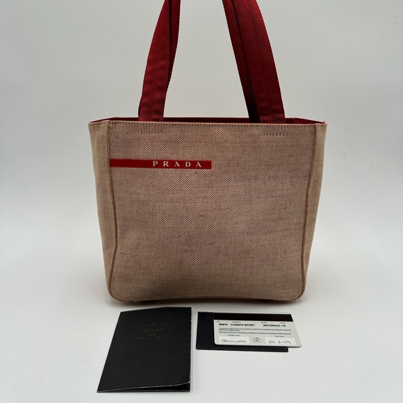 Authentic Prada Red & Beige Canvas Handbag - Picture 15 of 17